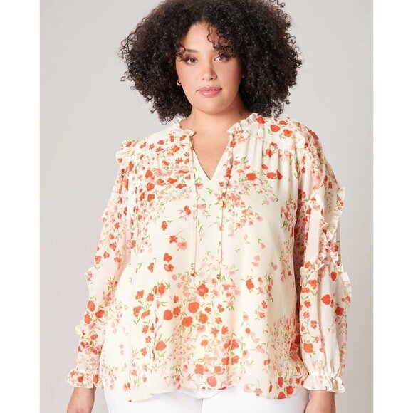 SUGARLIPS Love Bomb Blouse Size 2X Cream Floral Sheer Long Sleeve Ruffles Tie - Picture 1 of 12